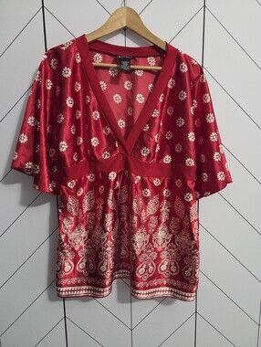 VTG Y2K Hot Tempered Silky Red Paisley Floral Babydoll / Kimono Blouse, Size XL